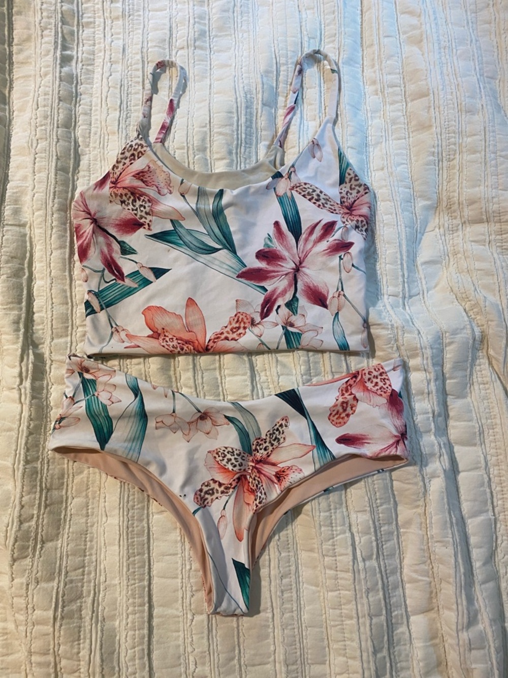 Floral Two-Piece Bikini Set — Pink & Green Tropical Print